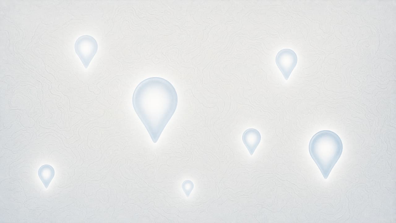 Multiple soft glowing map pins on a pale topographic background