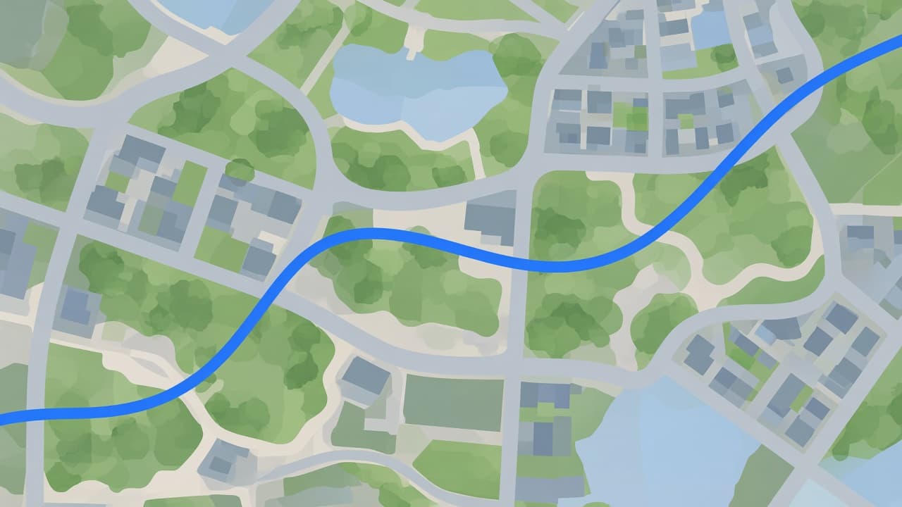 Stylized overhead city map with a cobalt route line