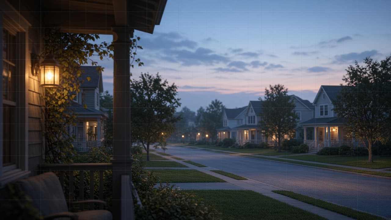 Quiet blue hour street with a soft map grid overlay