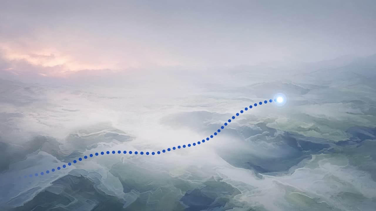 Dotted cobalt path across a misty map landscape