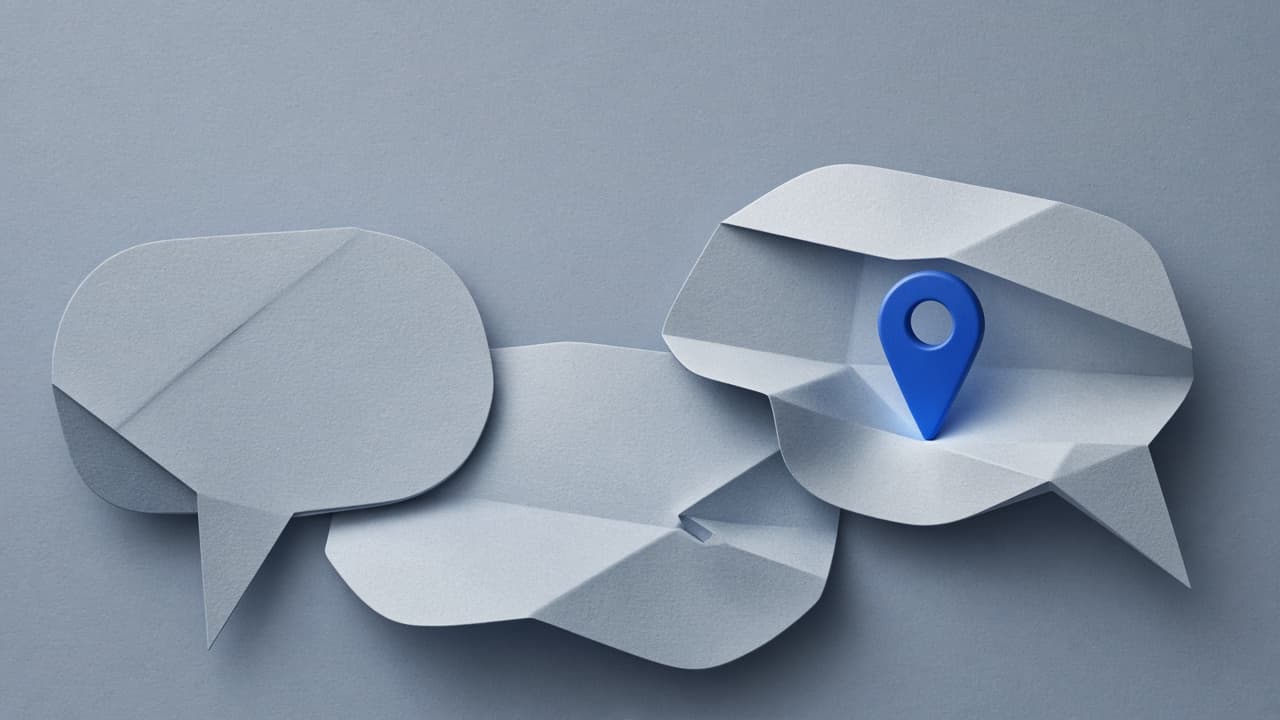 Soft paper chat bubbles with a cobalt location pin